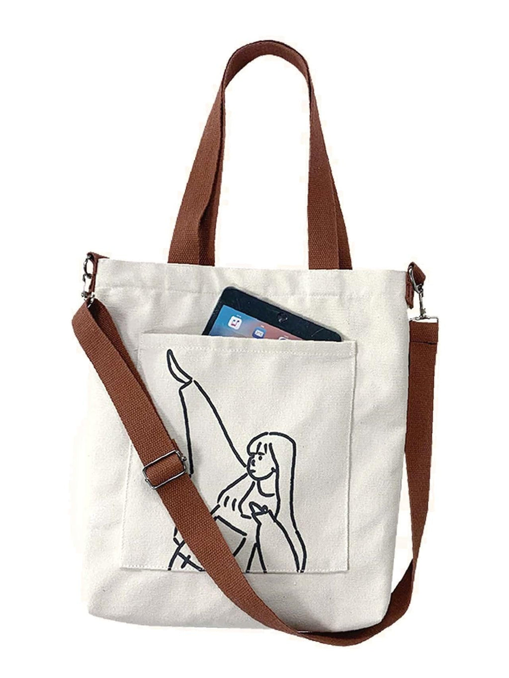 Aurbuy Cotton Tote Bags for Women, College Bag for girls With Inner & Outer Pockets, Utility Tote bags for Shopping, Travel & Daily use (Bag-Cream-Print-Girl-With-Handstyle)