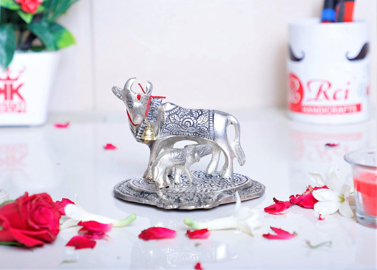 KridayKraft Kamdhenu Cow,Calf with Bal Gopal Krishna Metal Statue for Good Luck,Feng Shui As Table Top Figurine,Vastu,Religious Gau MATA Idol Home,Office&Table (Silver, Small)