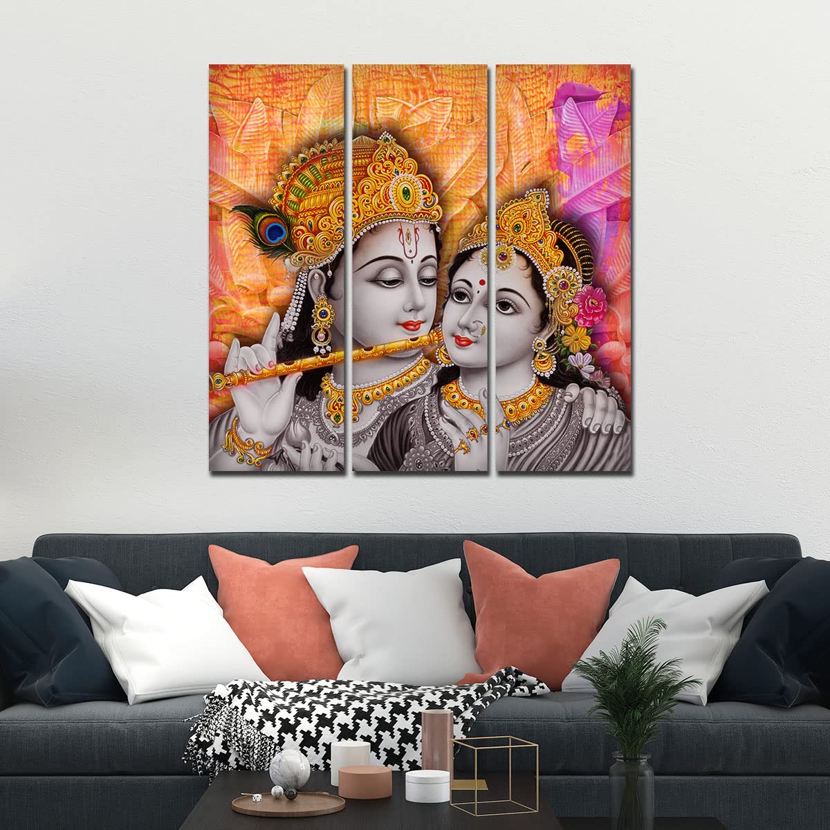 VIBECRAFTS Beautiful Radha Krishna Playing Flute 3 Pieces Canvas Wall Painting Fitted With Wooden Frame For Home | Office | Living Room | Gifts (PTVC3Pcs1_9542)