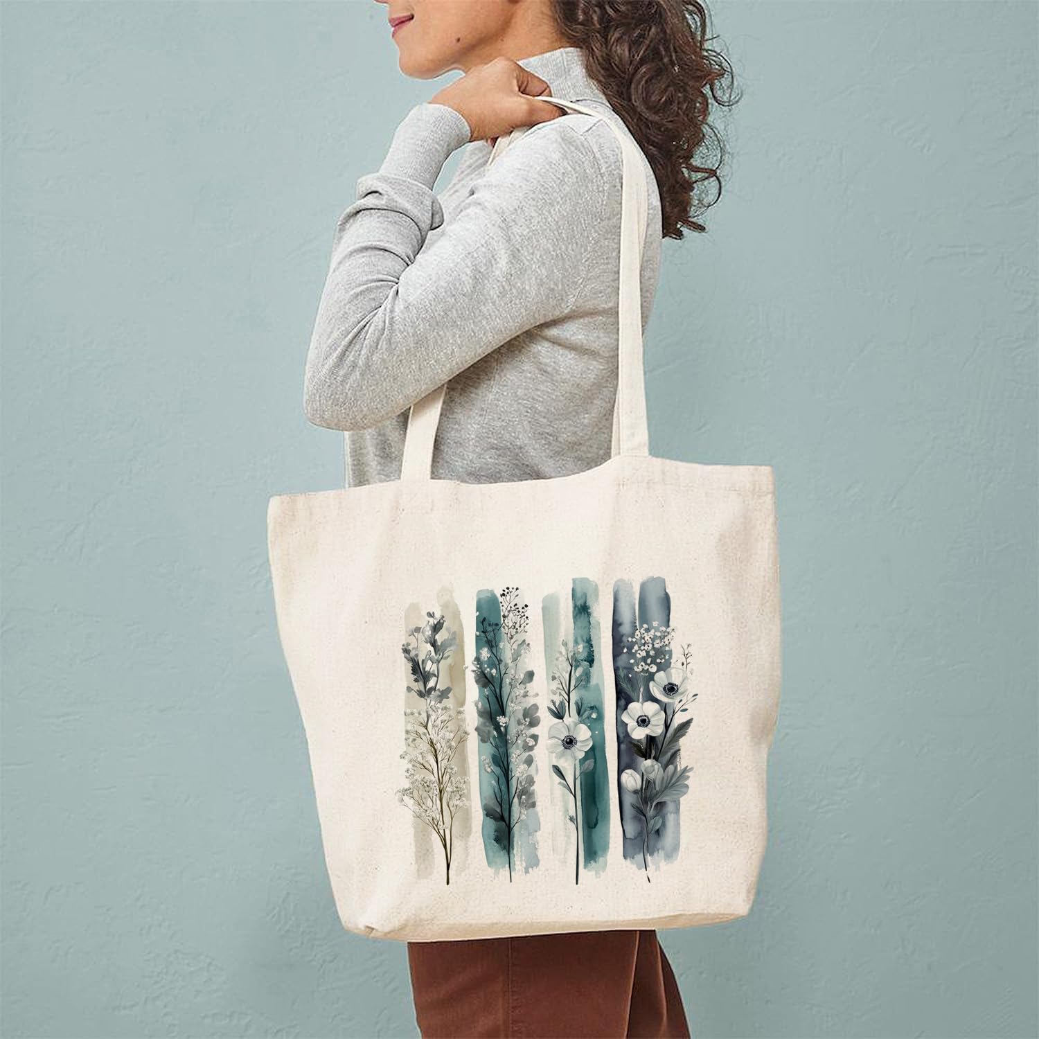Heu Floral Art Canvas Tote Bag | Eco-Friendly Reusable Cotton Shoulder Bag | Minimal Botanical Print Shopping Tote for Women & Men