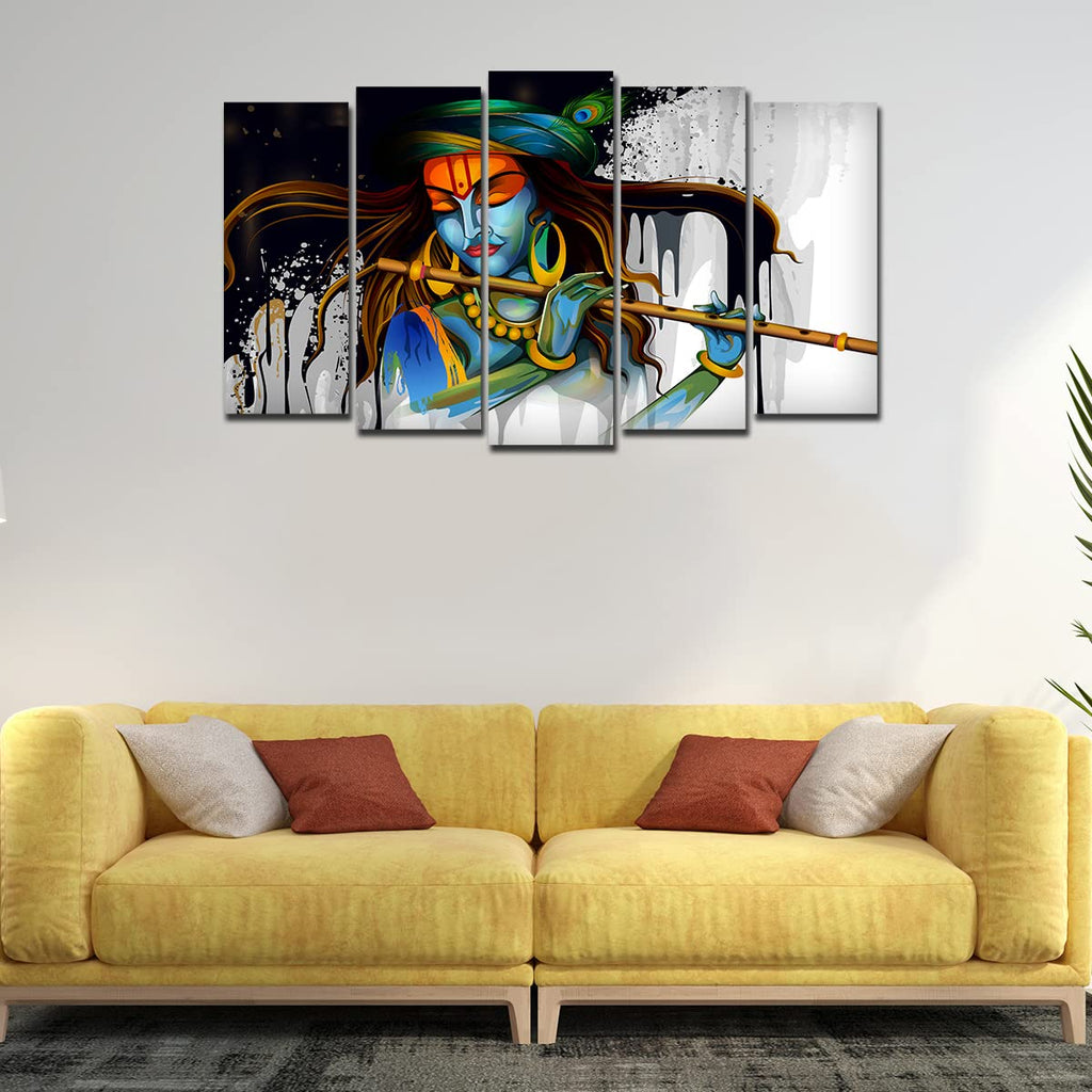 VIBECRAFTS Beautiful Krishna Playing Flute 5 Pieces Canvas Wall Painting For Home|Office|Living Room|Gift (PTVC5Pcs2_6506)