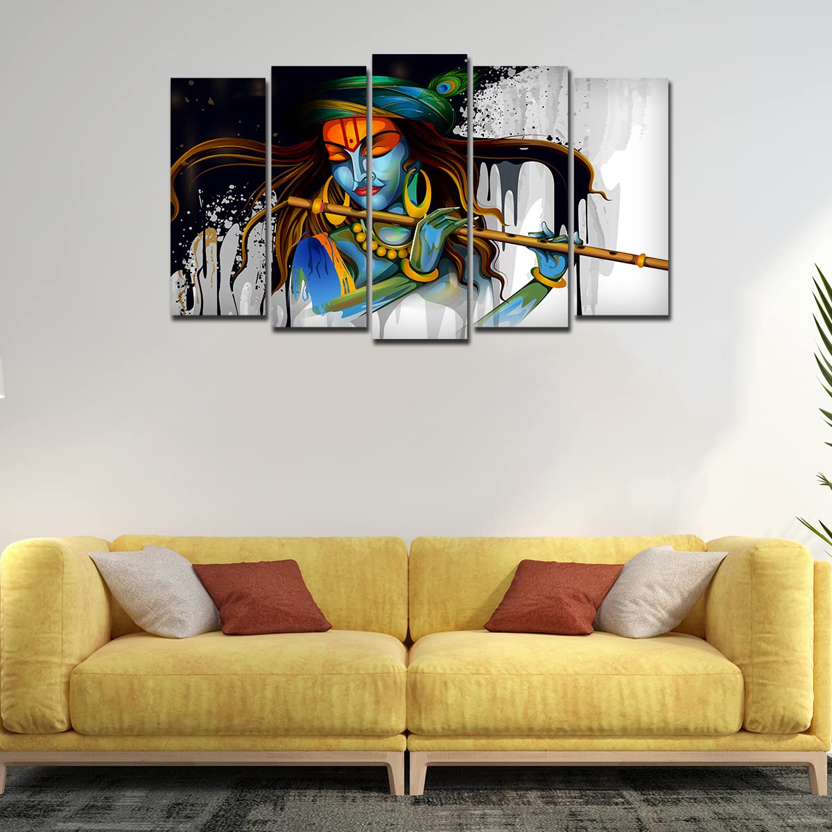 VIBECRAFTS Beautiful Krishna Playing Flute 5 Pieces Canvas Wall Painting For Home|Office|Living Room|Gift (PTVC5Pcs2_6506)