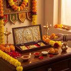 House Of Wemy Maa Durga Pocket Temple for Wedding Gift, Housewarming Gift & Pooja Room Decor | Gold Plated Ambe Maa Photo Frame with Charan Paduka - 8.4 x 4.5 Inch - Pack of 1