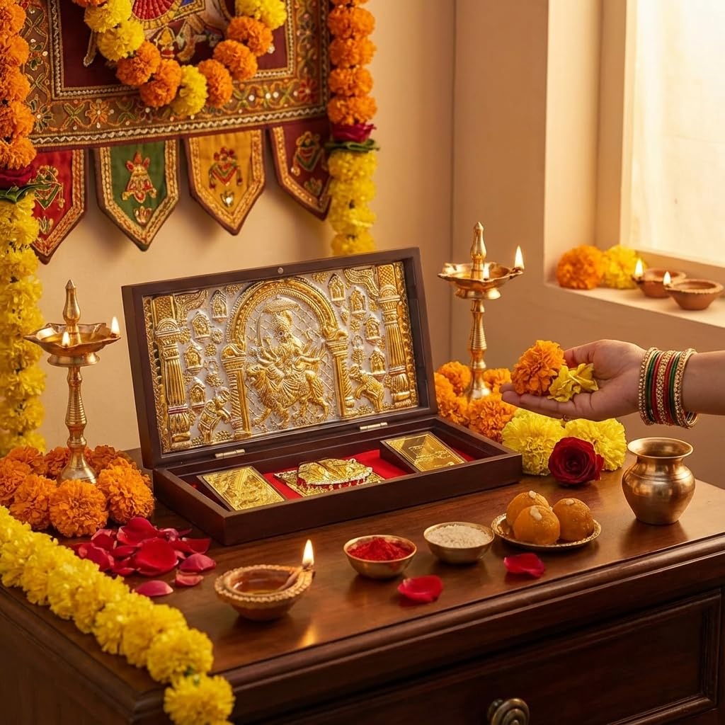 House Of Wemy Maa Durga Pocket Temple for Wedding Gift, Housewarming Gift & Pooja Room Decor | Gold Plated Ambe Maa Photo Frame with Charan Paduka - 8.4 x 4.5 Inch - Pack of 1