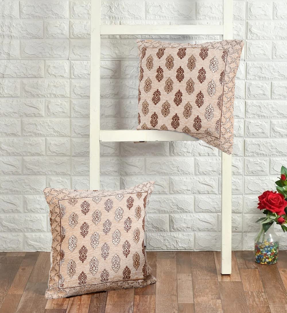 DECOMIZER Jacquard Geomteric Cushion Covers 24 Inch X 24 Inch Set Of 2 Ethnic Motifs 240 TC Cushion Covers,Design- Ambi,Color- Beige