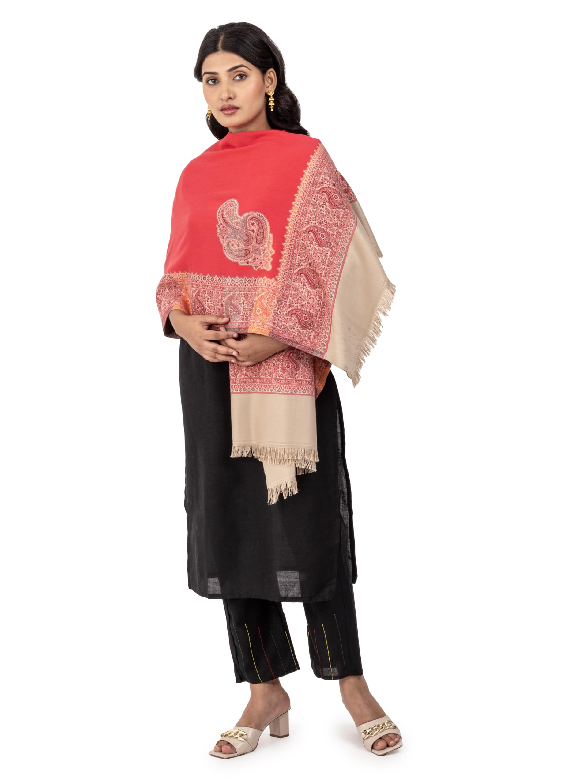 Naureen Women Faux Pashmina Kani Shawl with Contrast Palla, Warm and Soft, 40x80 inch