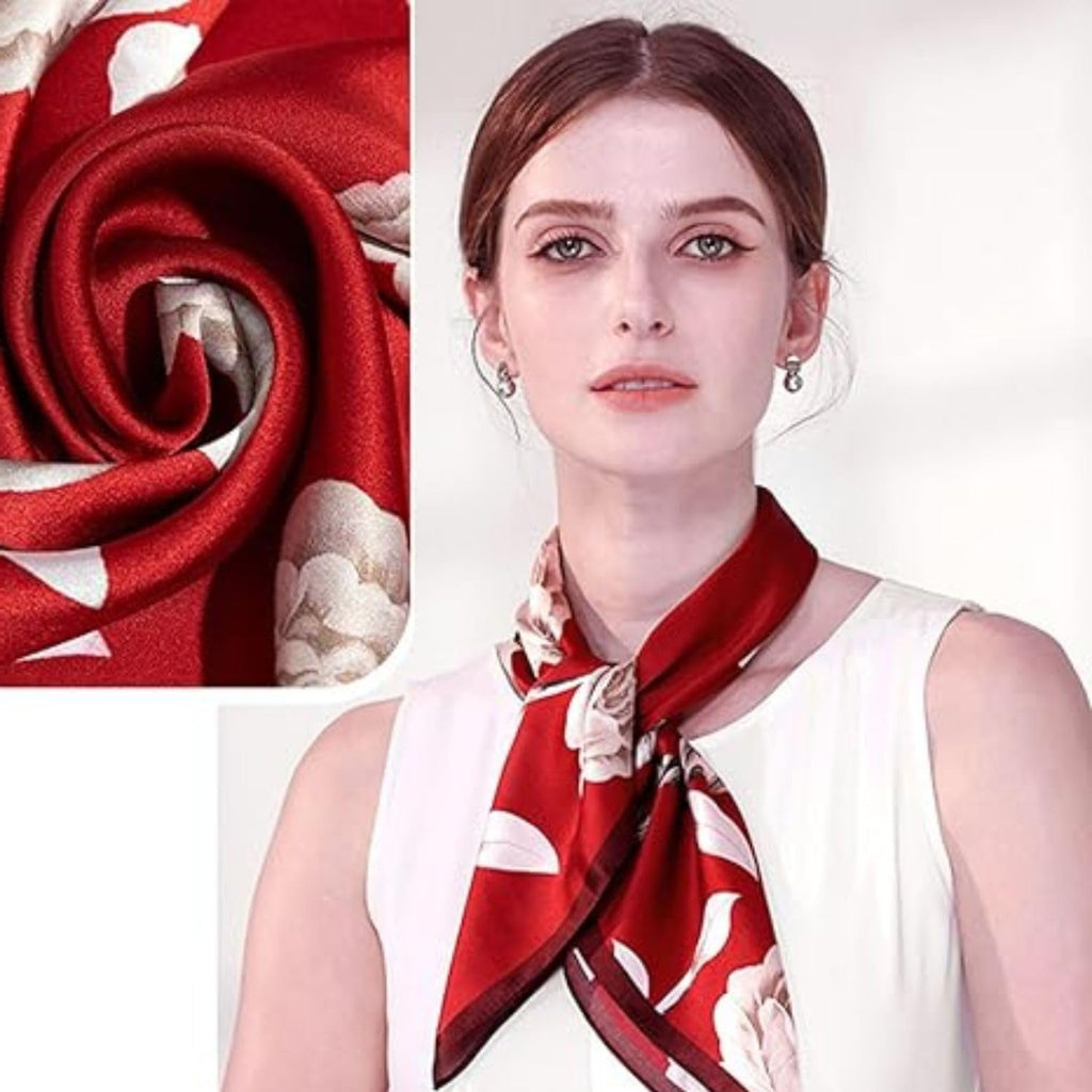 Flavizo Camellia Scarf for Women Stylish, Versatile Silky-Feel Satin Scarf for Women | Oversized Square | Floral-Chic Print | Lightweight | Hair & Neck Scarf | Boho Accessory