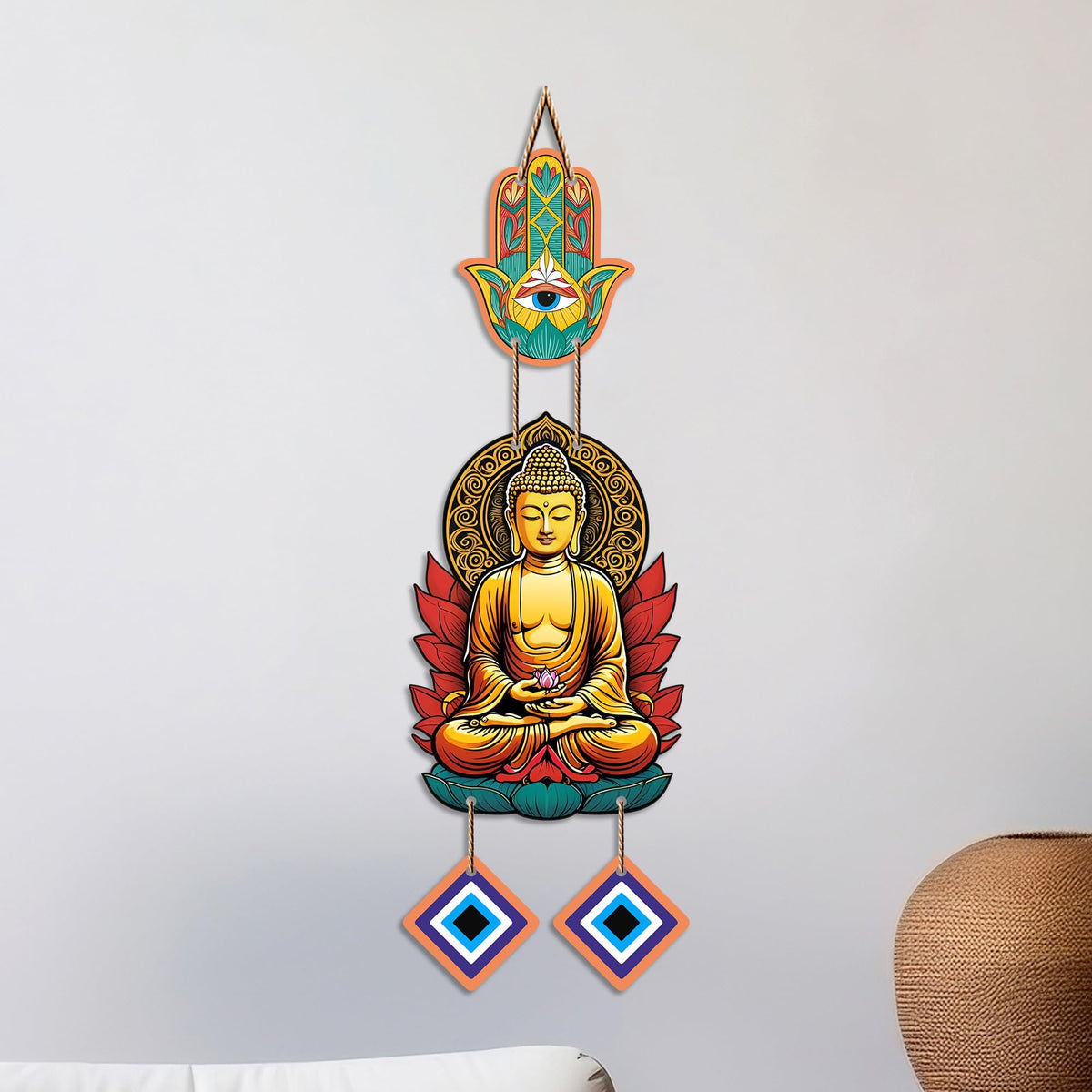 Artvibes Golden Buddha Wall Hanging with Hamsa Hand and Evil Eye Charms | Spiritual Protection Decor for Home | Meditation | Yoga Spaces & Entryway | Positive Energy Wall Art Gift (WH_8594N)