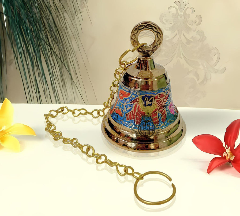 DSH Brass Hanging Bells for Puja Room Decoration Items Hanging Bell for Mandir Temple Decor Ghanti for Mandir. (Blue, H-4.5 Inch)