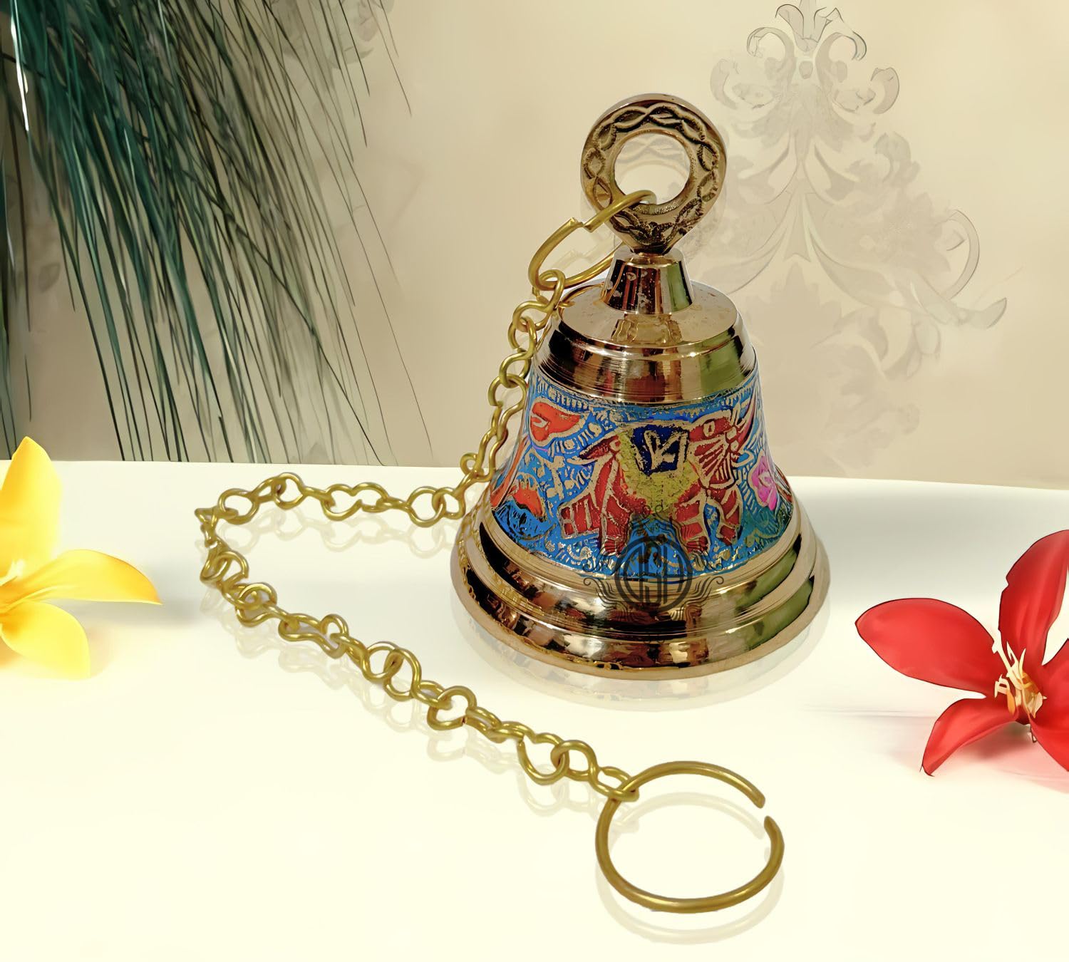 DSH Brass Hanging Bells for Puja Room Decoration Items Hanging Bell for Mandir Temple Decor Ghanti for Mandir. (Blue, H-4.5 Inch)
