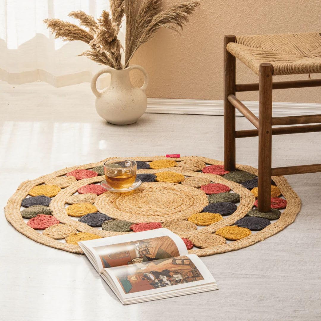 ATRANGI STUDIO Round Jute Rug | Handwoven Braided Design Mat | Circular Floor Rug for Living Room, Bedroom, Reading Corner | Boho Home Decor | 3x3 feet, Colourful