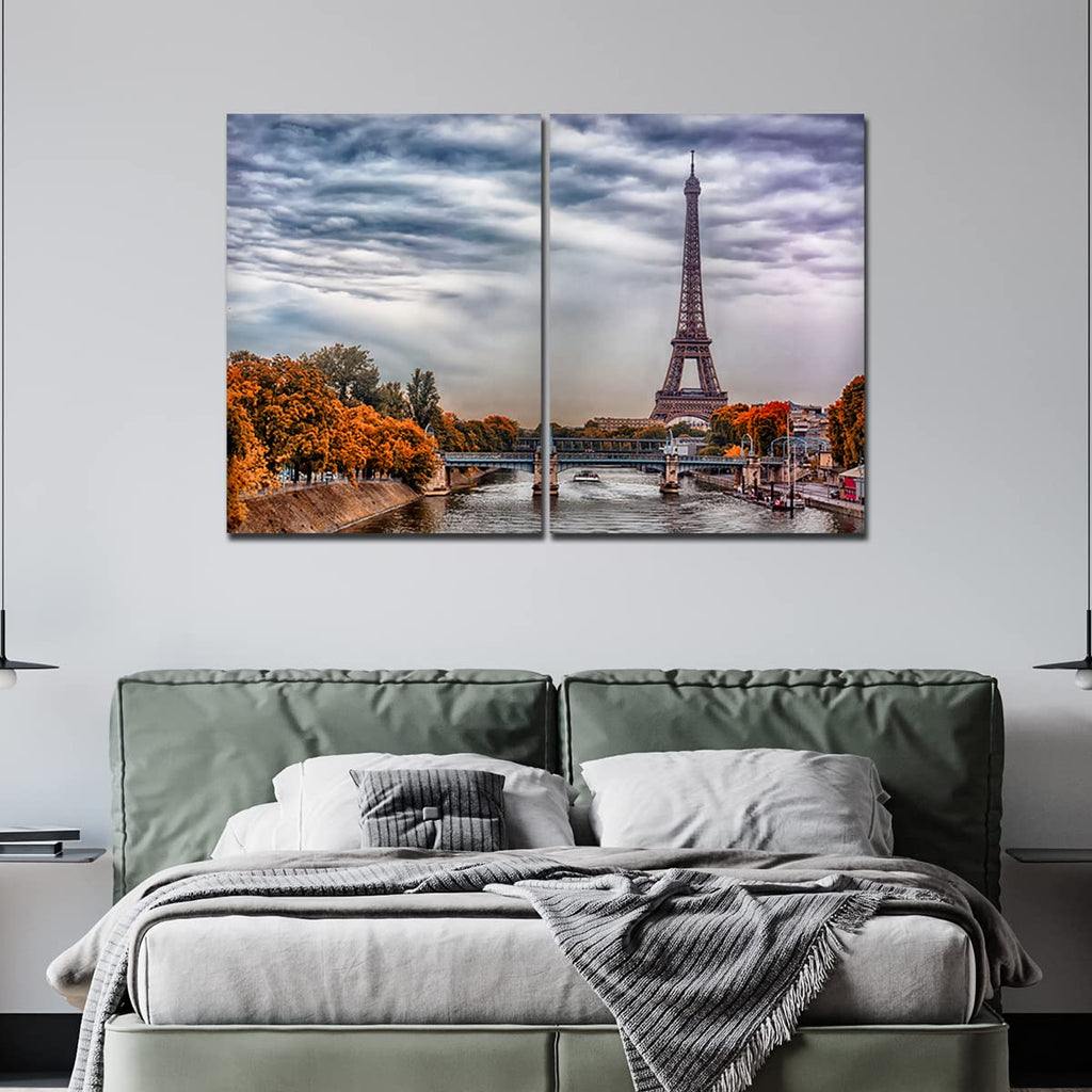 VIBECRAFTS Eiffel Tower And Seine River 2 Pieces Canvas Wall Painting Fitted With Wooden Frame For Home | Office | Living Room | Gifts(PTVC2Pcs1_17504)