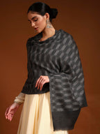 Pashmoda Women 100% Pure Wool Ikat Checkered Stole, Scarf, Wrap, Sustainable and Natural Fabric, Luxury Heritage Pashmina Gift, Evening Stole (Size 28x80 Inches, Dark Grey 2) CHST04