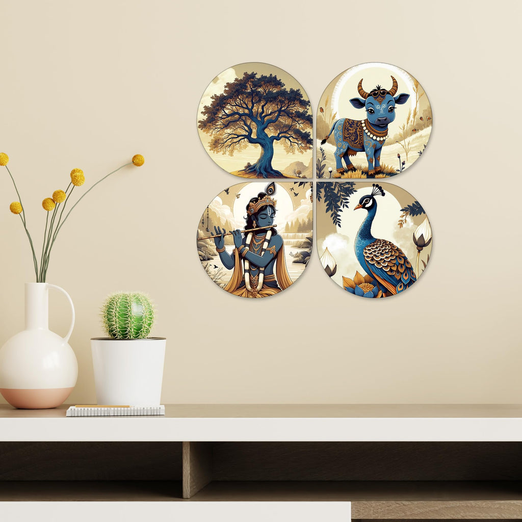 Artvibes Krishna Traditional Wooden Art Decoration Item for Living Room | Living Room | Office | Cafe | Painting Wall Decor | Wall Art Print | Ethnic Wall Decor | Unique Gift Item (WH_8453N), Set of 4