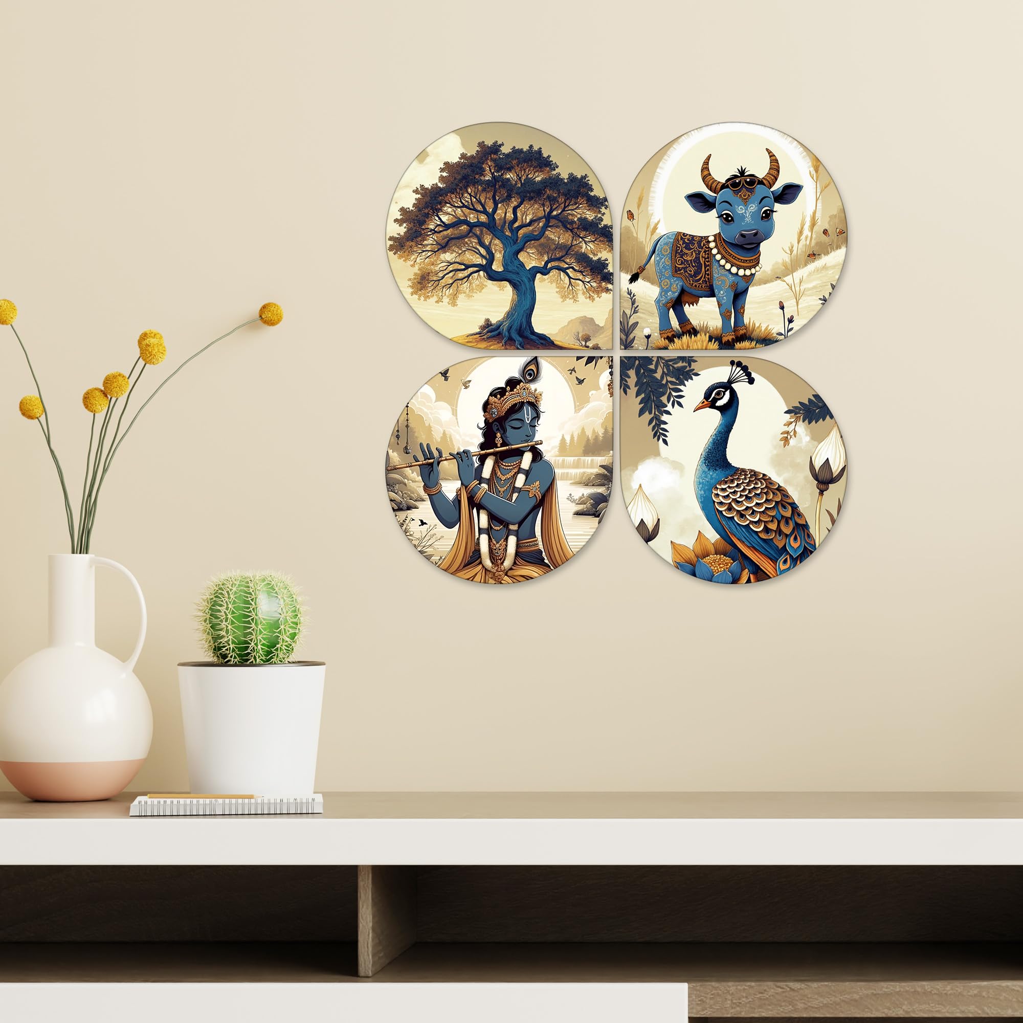 Artvibes Krishna Traditional Wooden Art Decoration Item for Living Room | Living Room | Office | Cafe | Painting Wall Decor | Wall Art Print | Ethnic Wall Decor | Unique Gift Item (WH_8453N), Set of 4