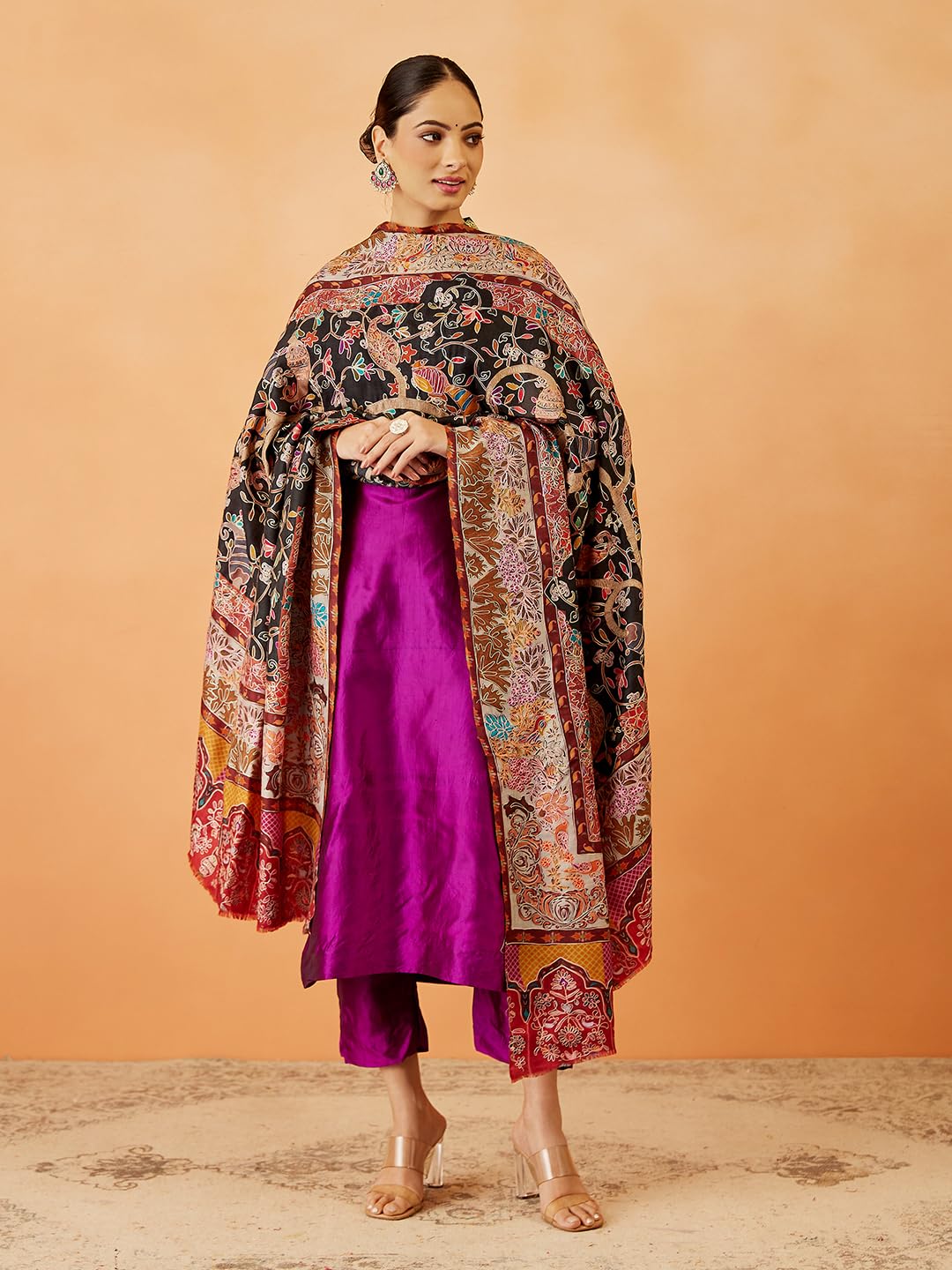 Pashmoda Women Bahaar Fine Wool Fabric Pashmina Kalamkari Embroidered Shawl, Stole and Wrap, Sustainable and Natural Fabric, Heritage Kashmiri Pashmina(Size 40x80)