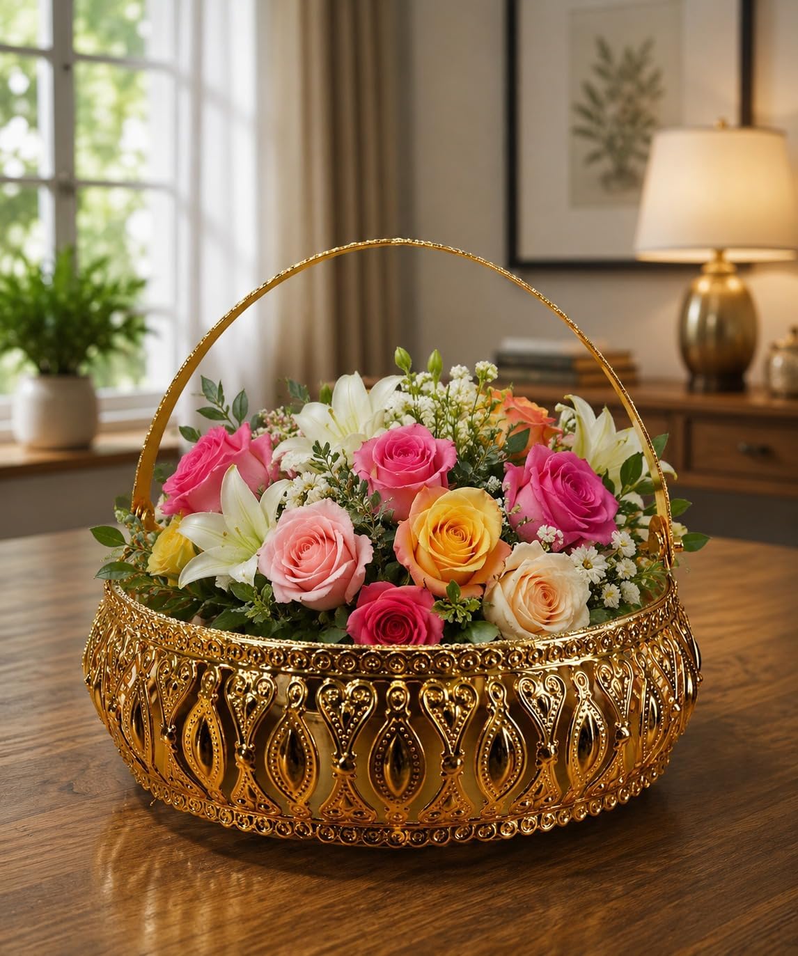 Indie-oida Golden Metal Decorative Tray for Home Decor | Round Serving & Pooja Tray for Candles, Dry Fruits & Gifting