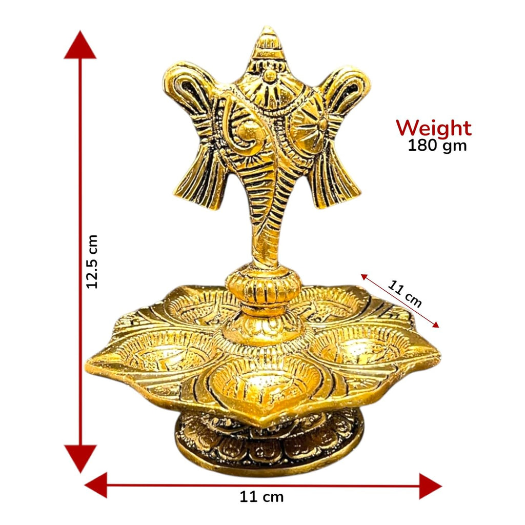 Kridaykraft Metal Tirupati Balaji Panch Mukhi Diya with Shanku Stand Gold Plated for Home and Office Pooja Room Decoration 5 batti Diya