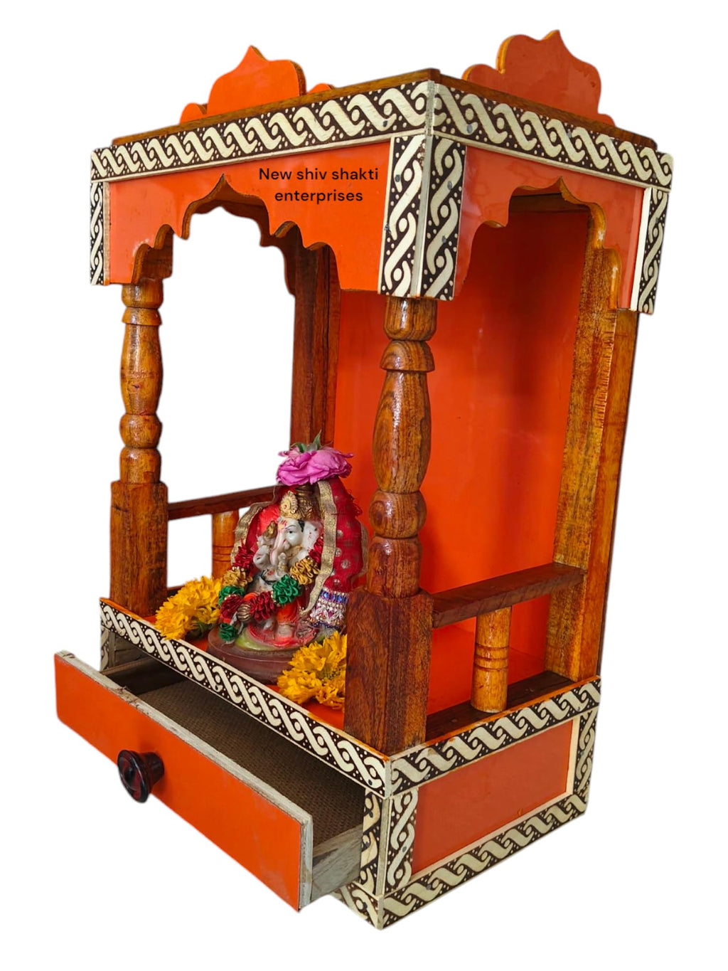 Wooden Home Temple Mandir with Drawer, Orange and White Border Pattern, Traditional Design