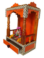 Wooden Home Temple Mandir with Drawer, Orange and White Border Pattern, Traditional Design