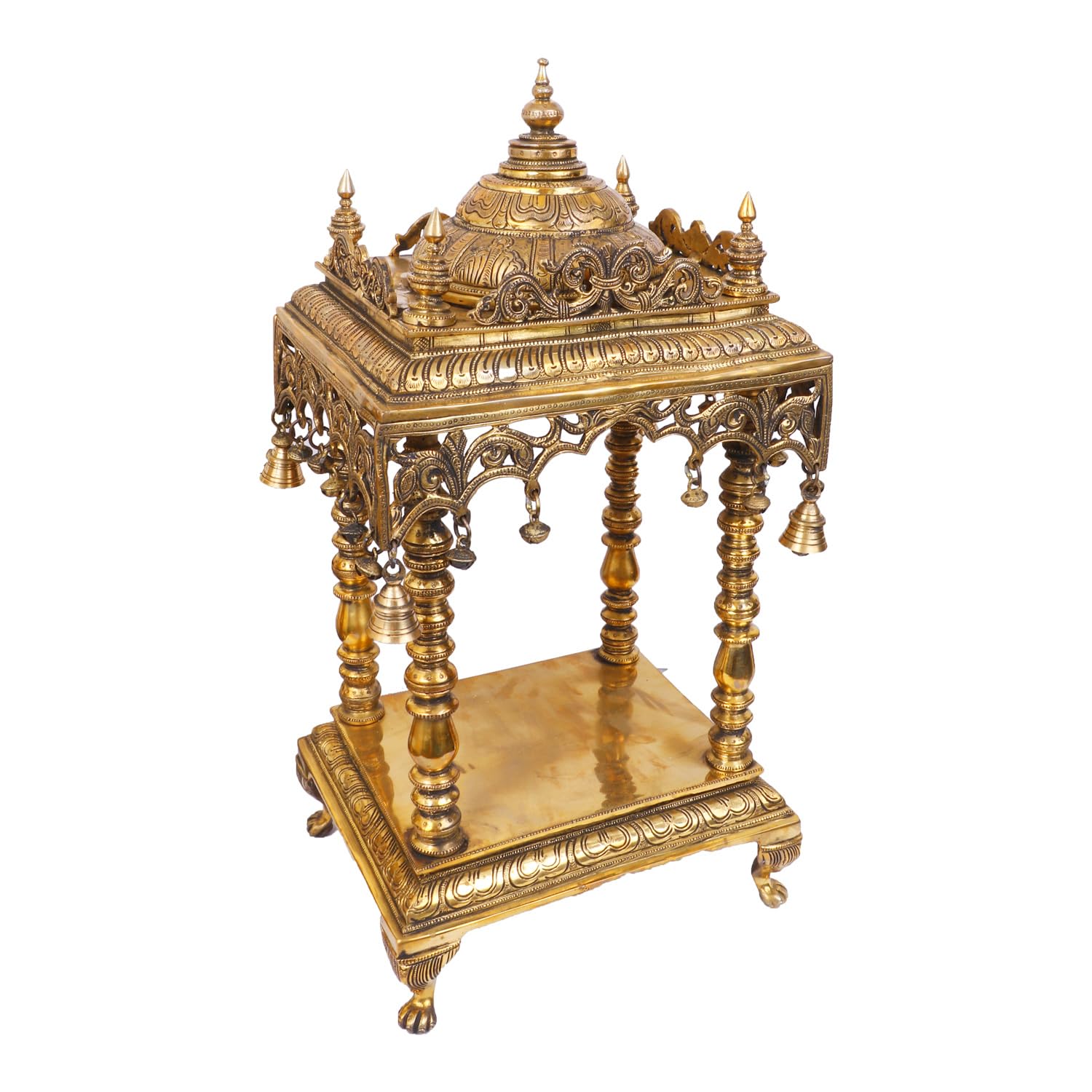 SVARUP Brass Big Temple Mandir Handcrafted Mandir with Hanging Bells for Gods Pooja Home Decor Entrance Height 21 Inch