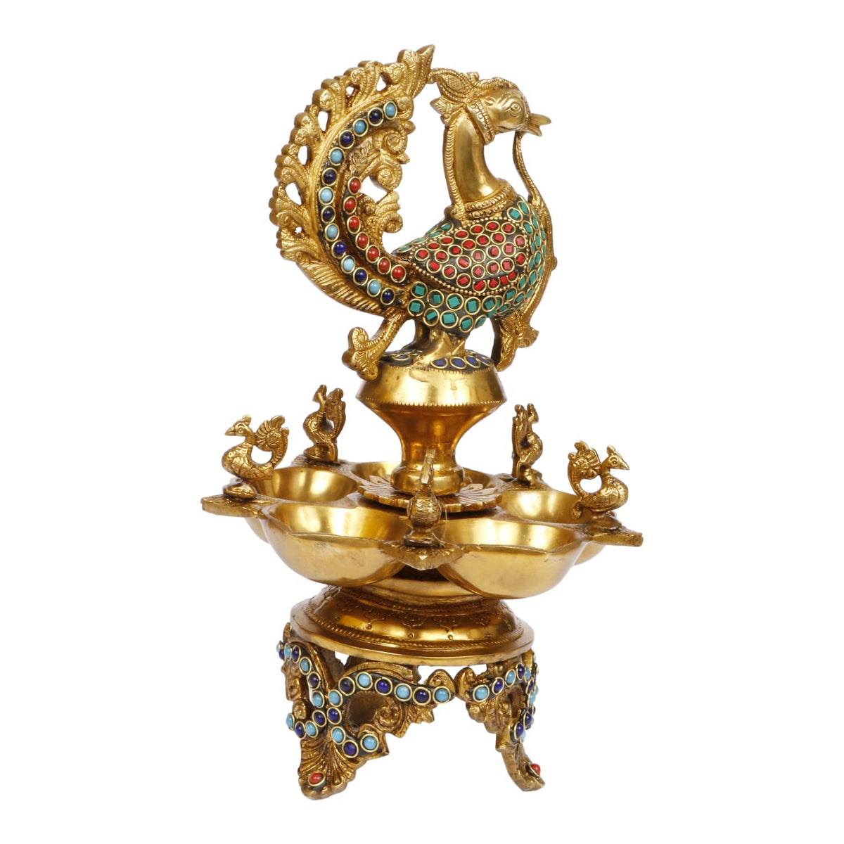 Artvarko Peacock Diya Table Oil Lamp Brass with Inlay Traditional Handmade Lamp for Temples Puja Festival Gifts & Home Décor Height: 12 Inch