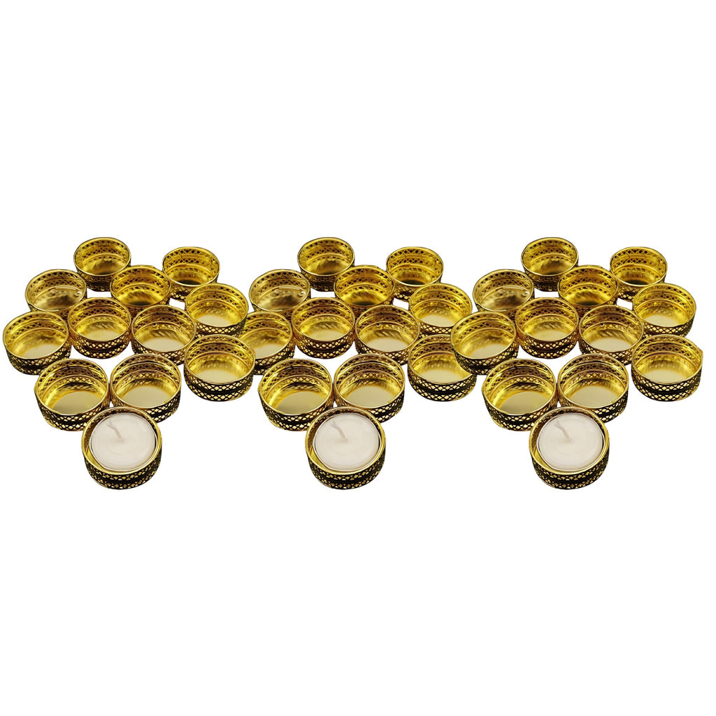 MILAPARK CRAFTS 36 Pcs Gold Tealight Candle Holder Stands – Round Diya Stand for Pooja Thali Decoration, Festivals, Weddings, Anniversary & Christmas Décor (36)