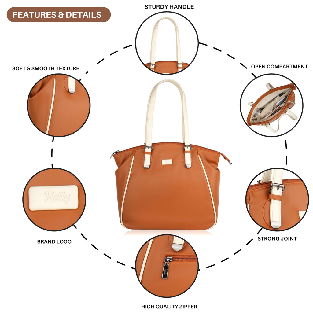 HELLY Women’s Tote Bag | Premium Vegan Leather Handbag | Lightweight Shoulder Bag for Office & Daily Use | Water-Resistant Lining (Tan)