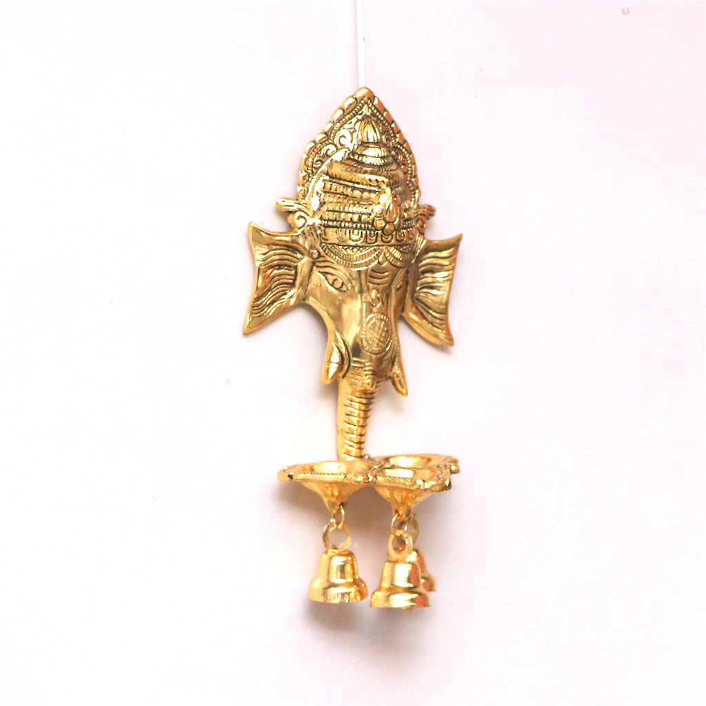 Metal Ganesha Wall Hanging Ganesh Diya with Three Bells for Home Decor, Gold Plated Metal Hanging Diyas Oil Lamp,