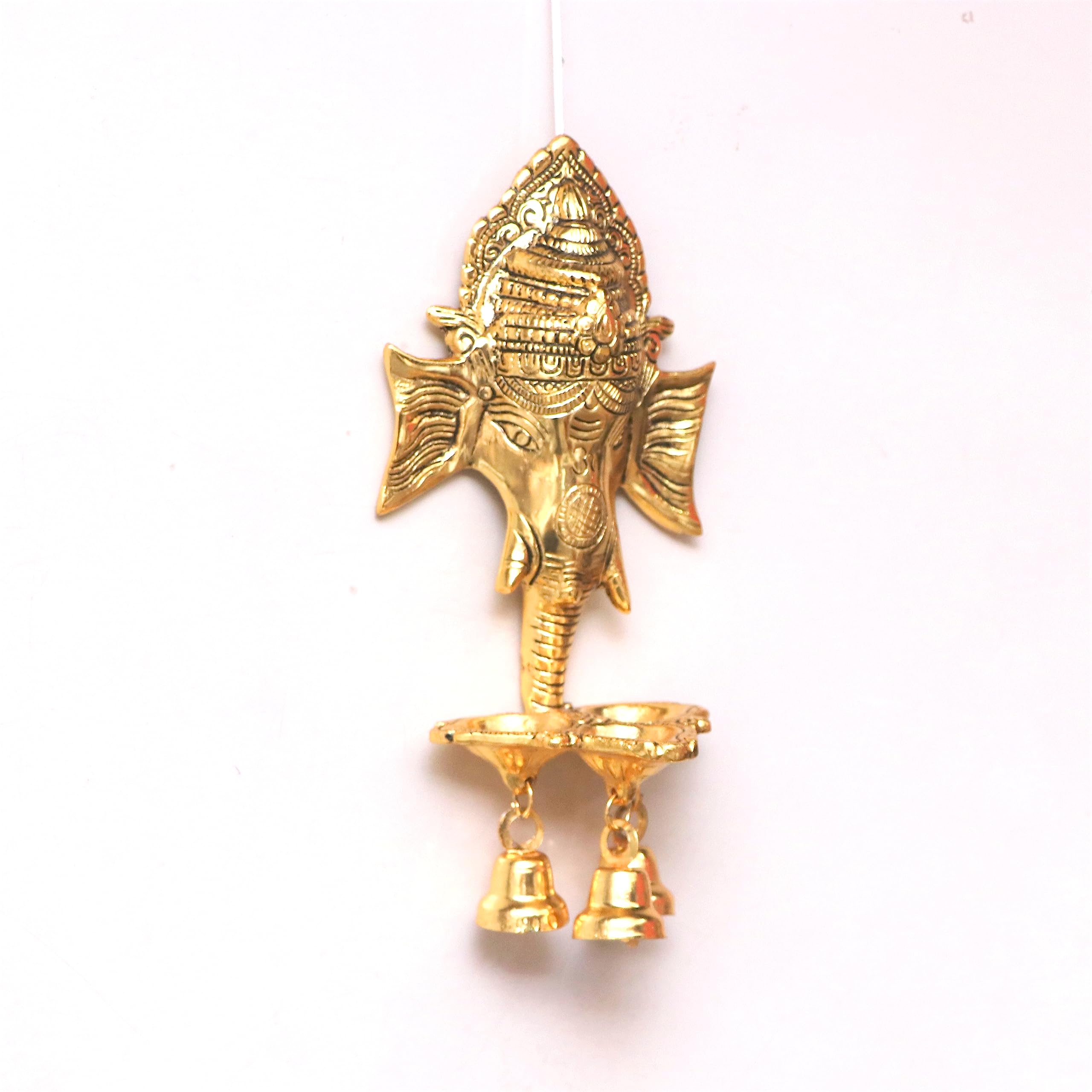 Metal Ganesha Wall Hanging Ganesh Diya with Three Bells for Home Decor, Gold Plated Metal Hanging Diyas Oil Lamp,