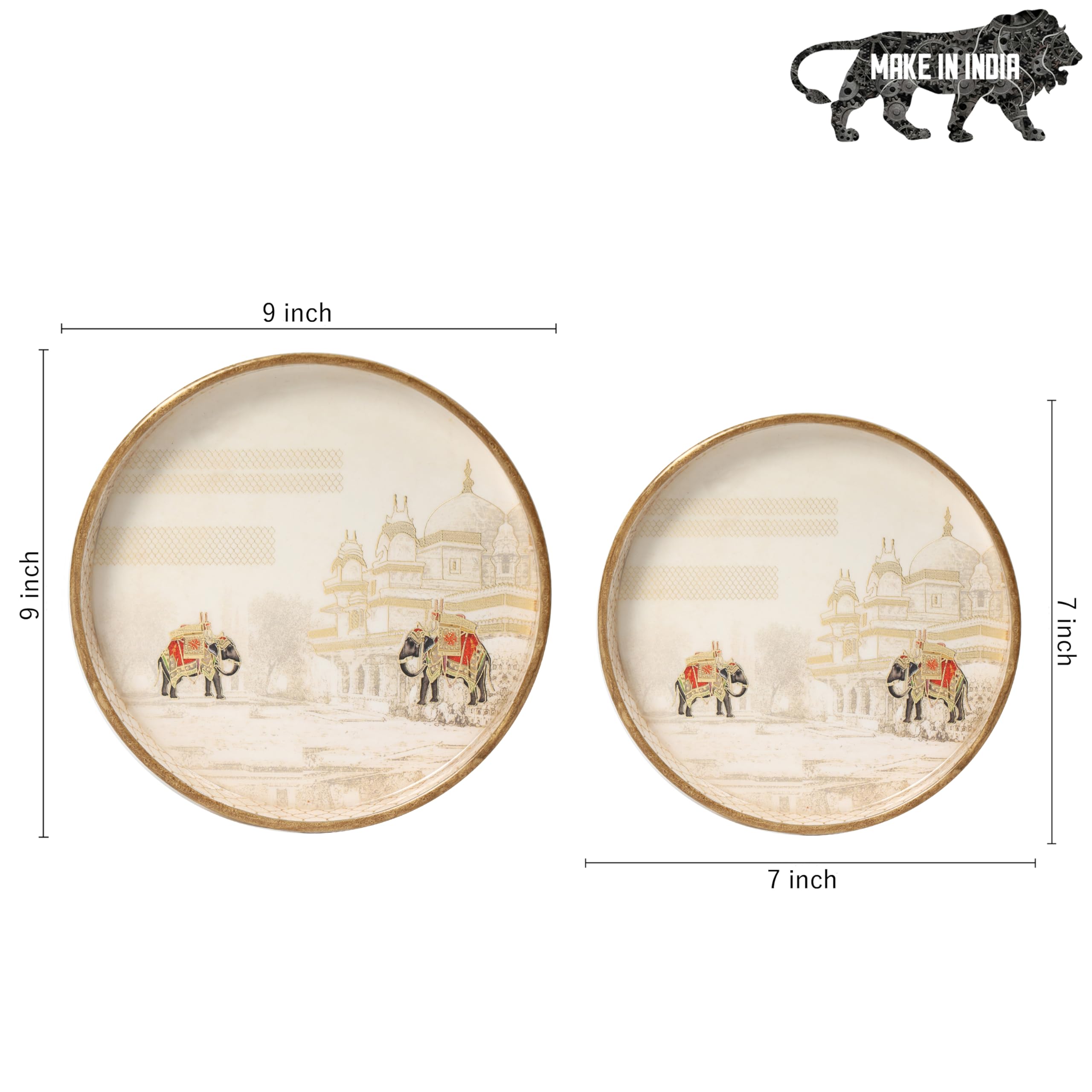 DULI Set of 2 MDF Wood Trays Enamel Coated| Round Trays Set of 2 | Serving Trays | Wooden Tray | Kitchen&Dining Decorative | Resin Tray | 7x7, 9 x 9 inches (SmSetof2Rd-WhiteElephant)