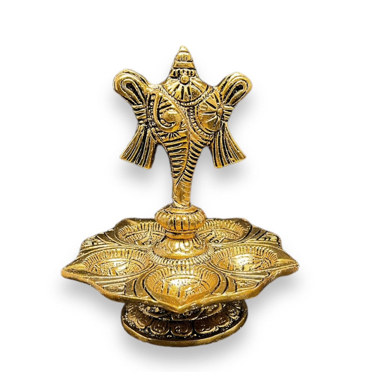 Kridaykraft Metal Tirupati Balaji Panch Mukhi Diya with Shanku Stand Gold Plated for Home and Office Pooja Room Decoration 5 batti Diya