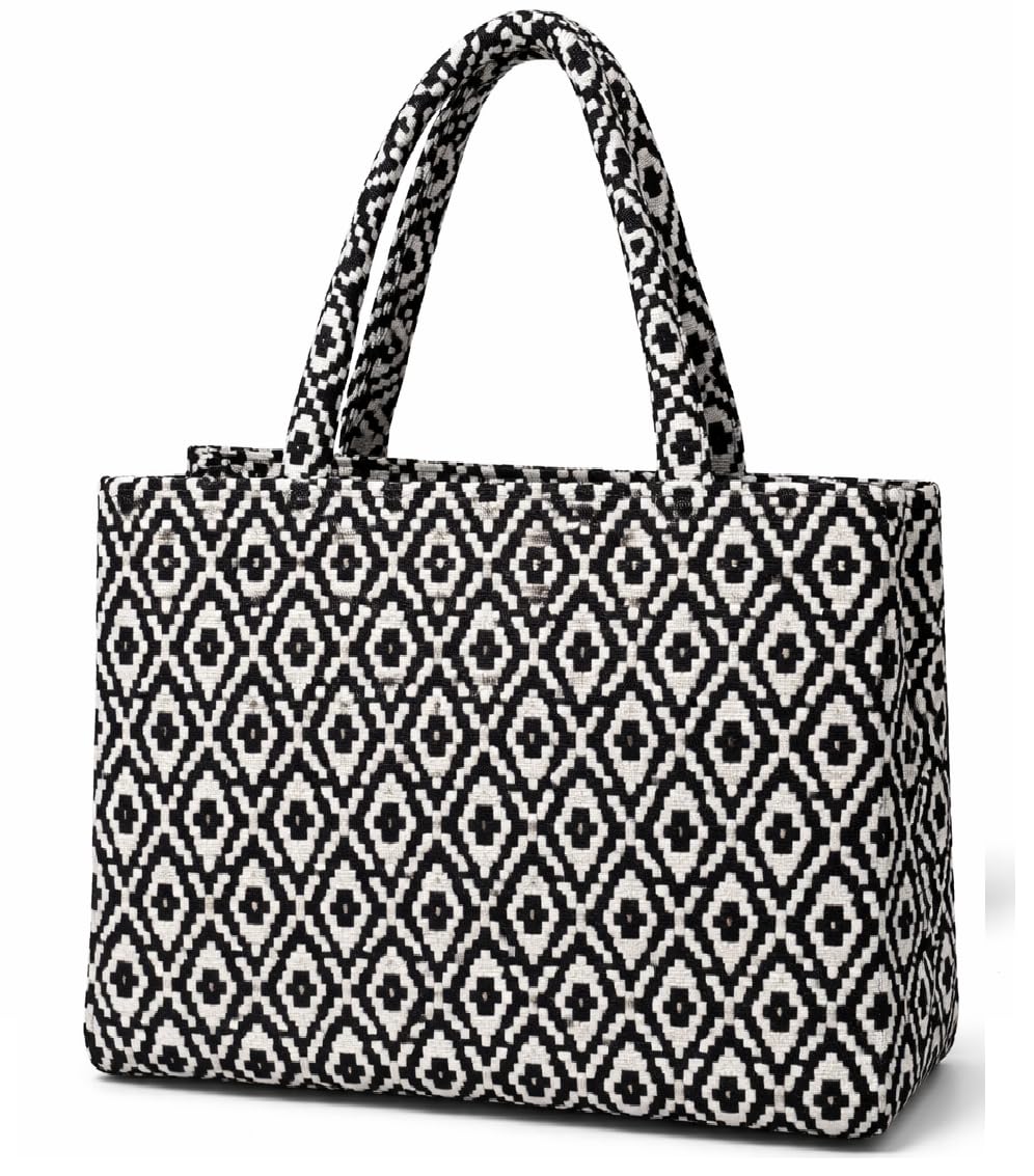 Global Impex Stylish Buoy Tote Bag for Girls & Women | Sturdy Cotton Blend Jacquard | Double Shoulder Ladies Handbag Purse For Daily & Office,Travel Use | Zip Pocket | Handcrafted (Black)