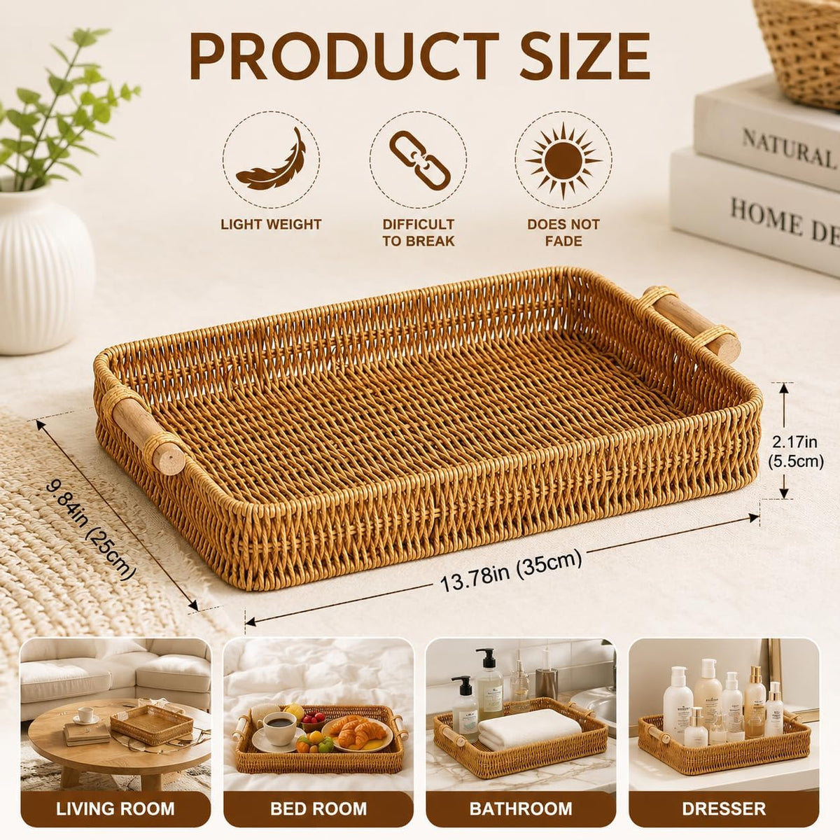 NDOLA Decorative Wicker Serving Tray with Wooden Handles | Large Rectangle Rattan Tray for Ottoman, Coffee Table, Kitchen, Dining, Home Decor, Fruit Basket & Breakfast Serving