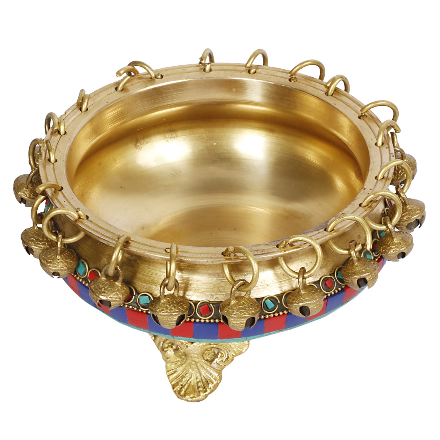 ARTVARKO™ Brass Urli Bowl with Bells Gemstone Work Ethnic Design Pot for Home Decor Temple Room, Gift 6 Inch