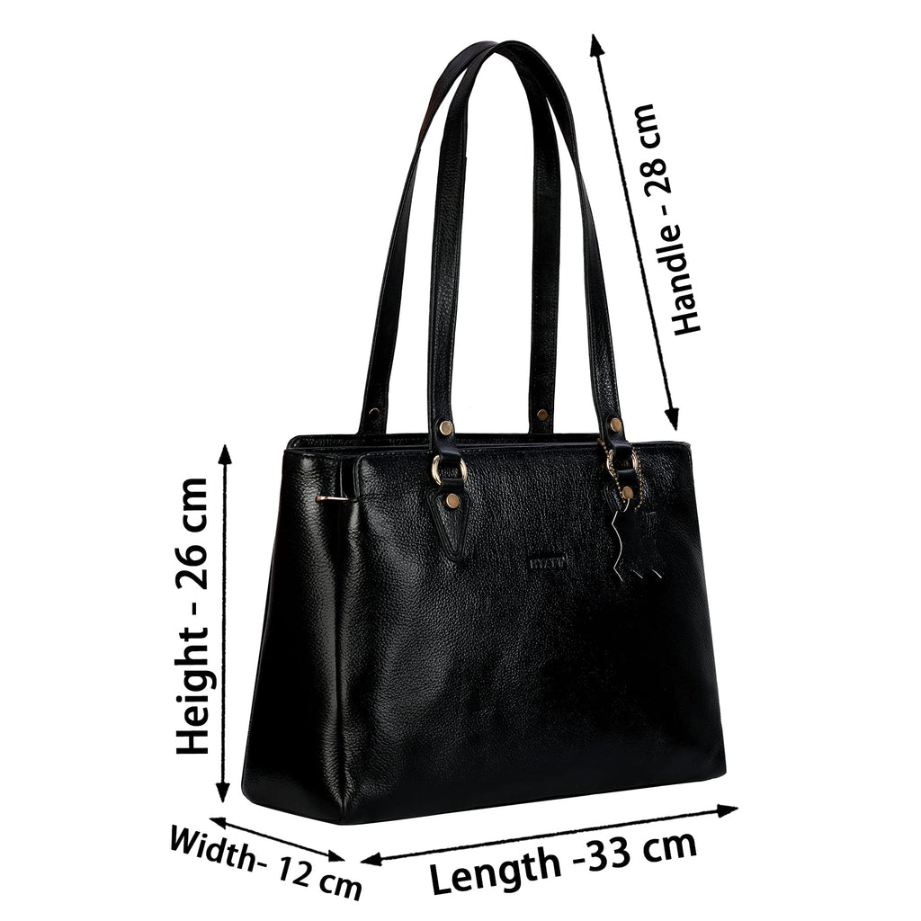 Richsign Leather Accessories Full-Grain Natural Leather Top-Handle Satchel Handbags & Shoulder Tote Bags For Women (Dimension- L-13 X H-10 X W- 5 Inch, Weight- 0.8kg / 800g (Black)