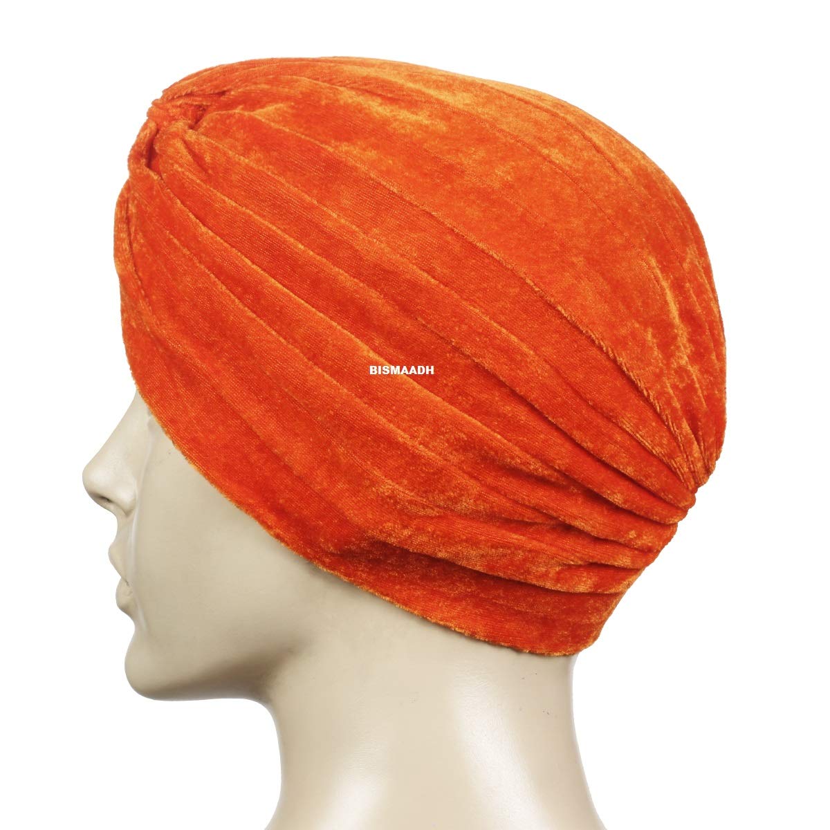 BISMAADH Velvet Soft Pleated Pre Tied Knot Readymade Turban/Pagri Head Wraps for Men & Women Orange