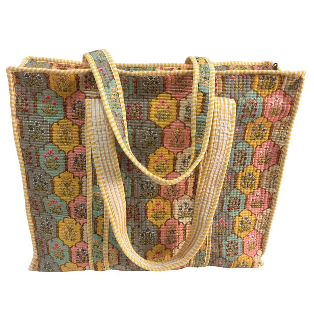 Bazaar Bhoot Edition Premium Cotton Quilted Shopping Tote Bag - Multipurpose Long Lasting Foldable Reusable Bag with zipper for Shopping, Travel & Daily Use (Classic Yellow (250 GSM Cotton))
