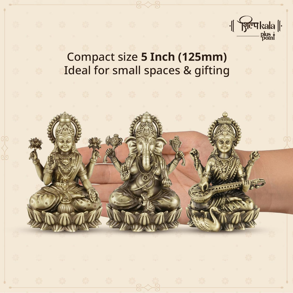 Shilpkala 5 Inch Ganesh, Laxmi & Saraswati Ji Brass Idol (Statue, Murti) for Table, Home & Office Decor, Worship & Gift