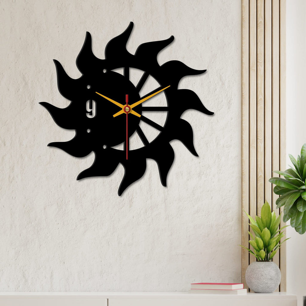 VIBECRAFTS Sun Flames Wooden Wall Clock Wood Wall Clock for Home Decor, Office, Living Room, Bedroom, Cafe's, Gift (WWCVC1Pcs_10008N)