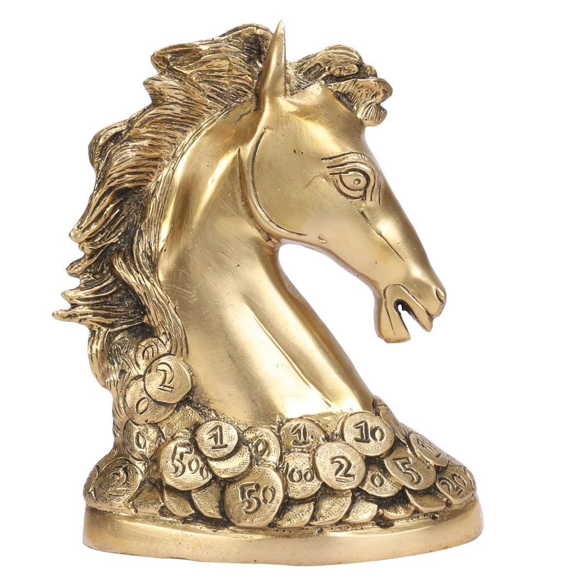 ARTVARKO Brass Victory Horse Head on Coin Feng Shui Animal for Career Success Growth Decor Gift Showpiece (15x8x18 cm)
