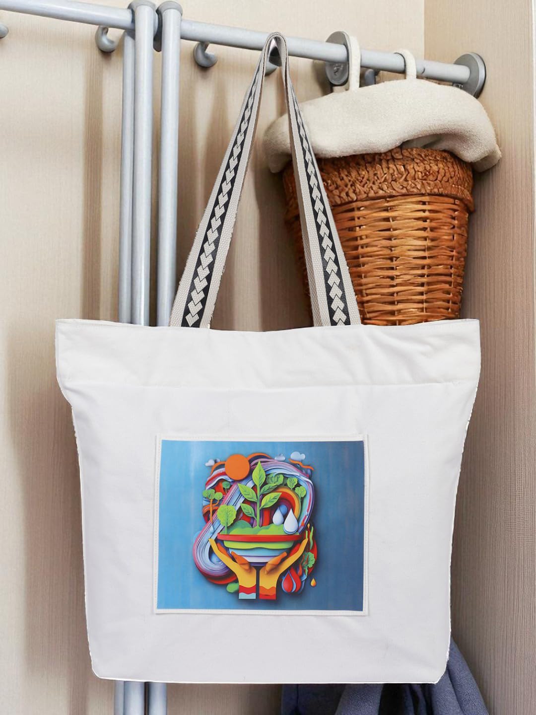 WOTM On The Move Tote | Premium Printed Cotton Canvas Tote Bag with Zipper & Inside Pocket, Stylish Everyday Travel Bag for Work, College, Office, Travel, Shopping (Go Green)