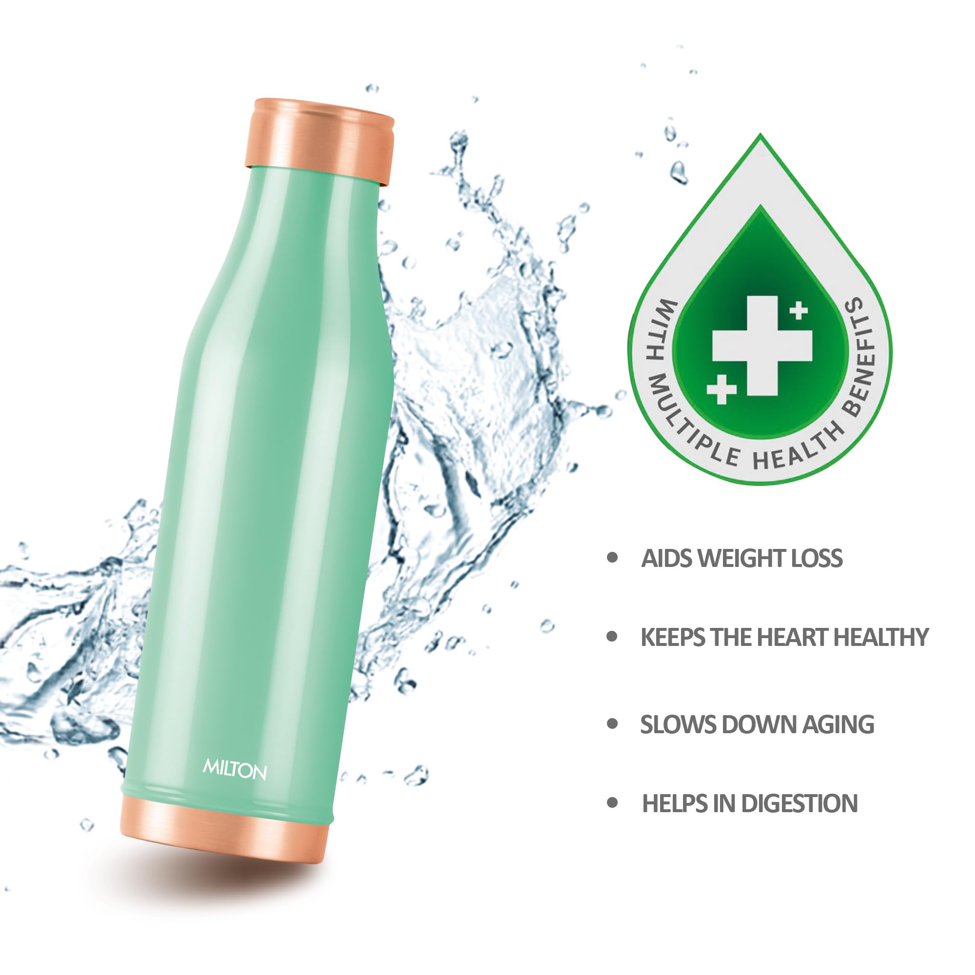 MILTON Copper Charge Water Bottle, 930 ml, Green | Lacquer Coating, Curved Bottle | Diwali | Festive | Gifting | Yoga | Home | Kitchen | Vedic