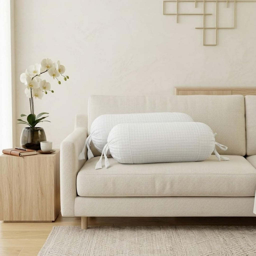 SAJAVAT HOME 100% Cotton Waffle Bolster Cover Pack of 2 | Textured Decorative Bolster Pillow Covers for Sofa, Bed & Couch | Soft Breathable All-Season Cylindrical Cushion Covers | White