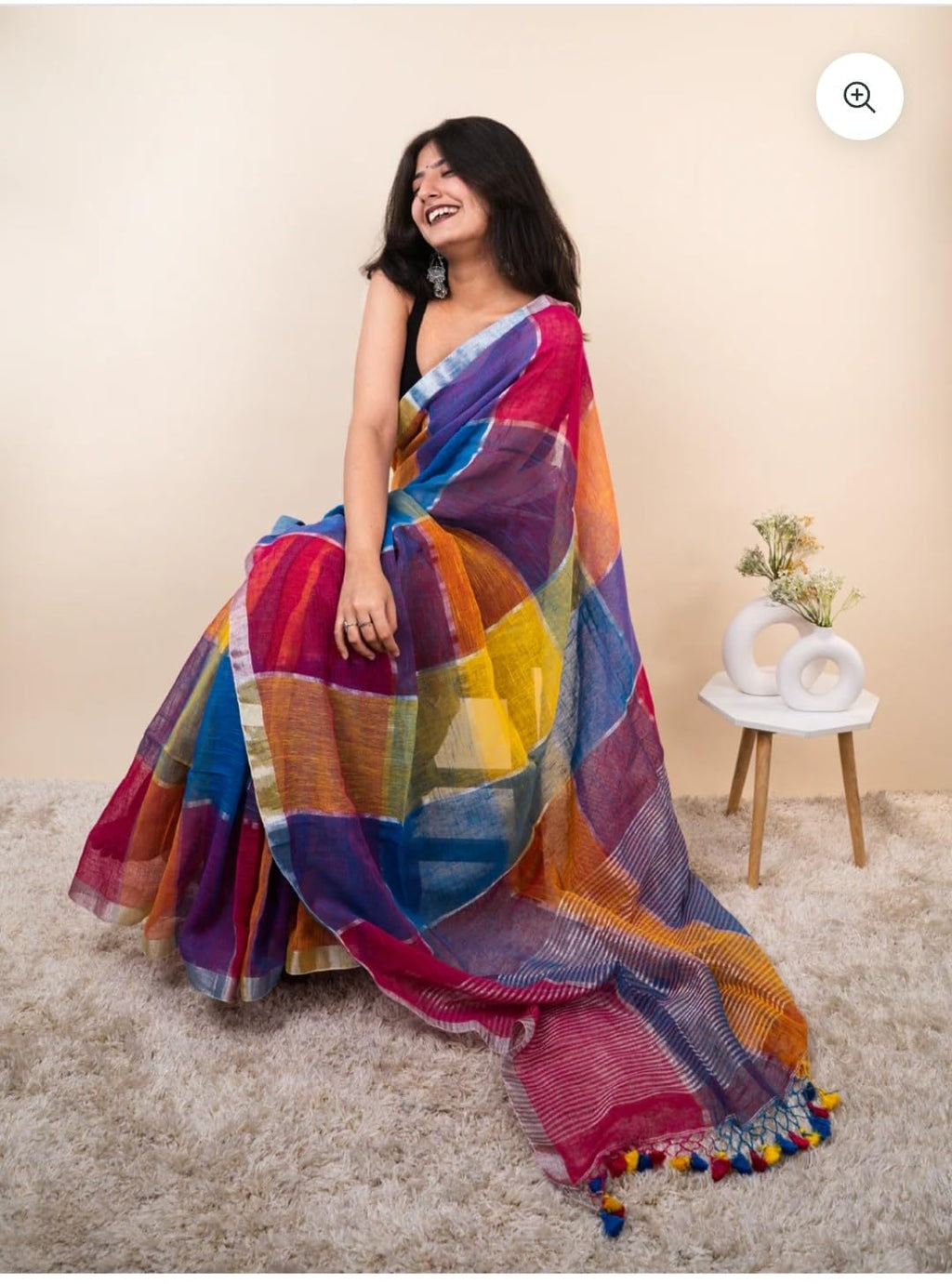 Piyari Fashion womens traditionalpure linen cotton soft self deseign trending multicolour saree with elegant tassel &running blouse picse (blue multicolour)