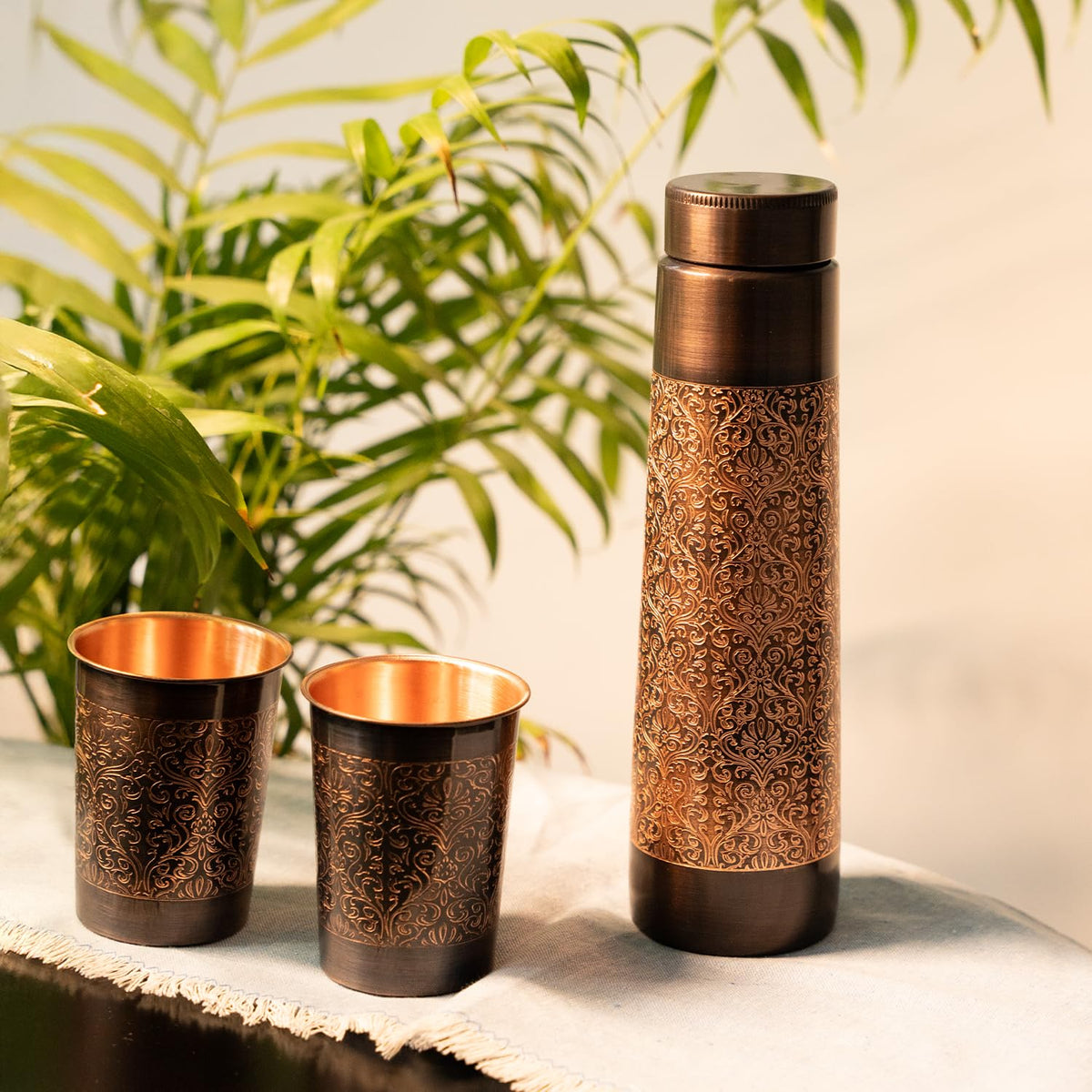 URBANFIX 100% Pure Copper Water Bottle with Glass set | Antimicrobial, Antioxidant & BPA Free, Boosts Immunity, Support Digestive Health| Ayurveda Inspired(950 ml 2x 300ml)