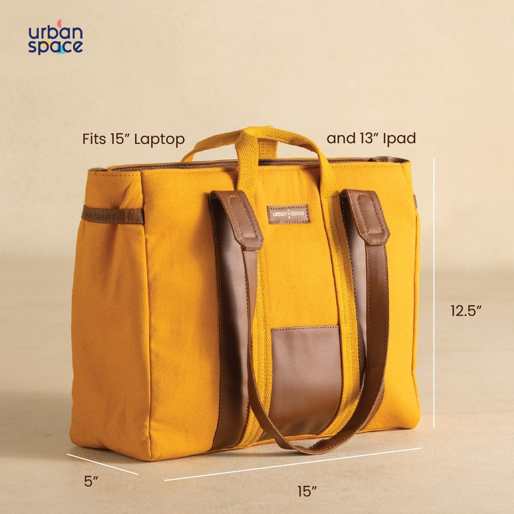 Urban Space Women Tote Bag | Canvas Handbag with Zip closure | Tote Bag for Office | Handcrafted Ladies Shoulder Purse for Office | Laptop bag | Padded Laptop space For Upto 16 - Mustard yellow
