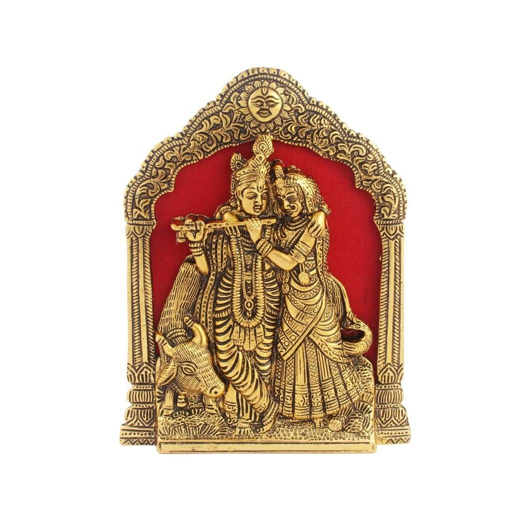 Prince Home Decor & Gifts Antique Golden Finish Radha Krishna with Cow on Thin Metal Frame Wall Hanging and for Table