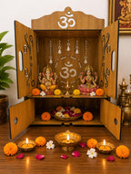 EXPRO Wooden Pooja Mandir with OMWITHBELLS Cut Decorative with Door Engineered Wood Home Temple