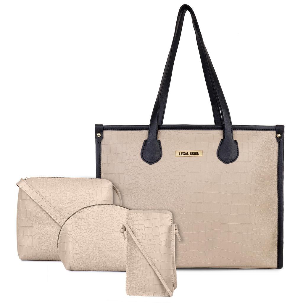 LEGAL BRIBE Crock Style Tote Bag Combo Of 4 (Beige/Black)